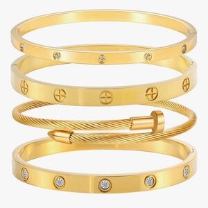 4 Piece Gold Hypoallergenic Stainless Steel Love Bangle Bracelet Set